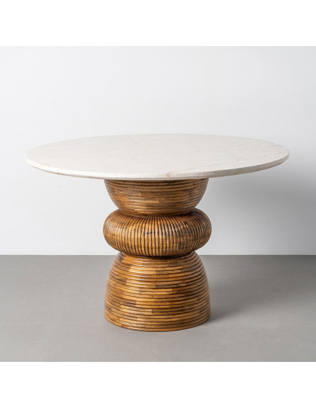 Table à manger style contemporain organique Ronde 4 personnes 120 cm Marbre Beige Bois de manguier Marron Strattia 