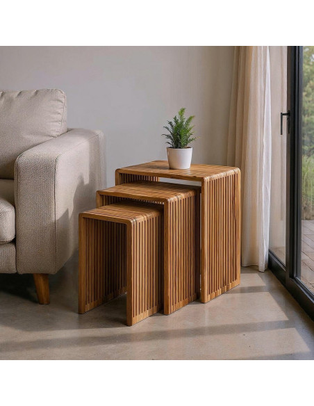 S/3 MESA AUXILIAR NATURAL MADERA DE TECA 41 X 34 X 50 CM 
