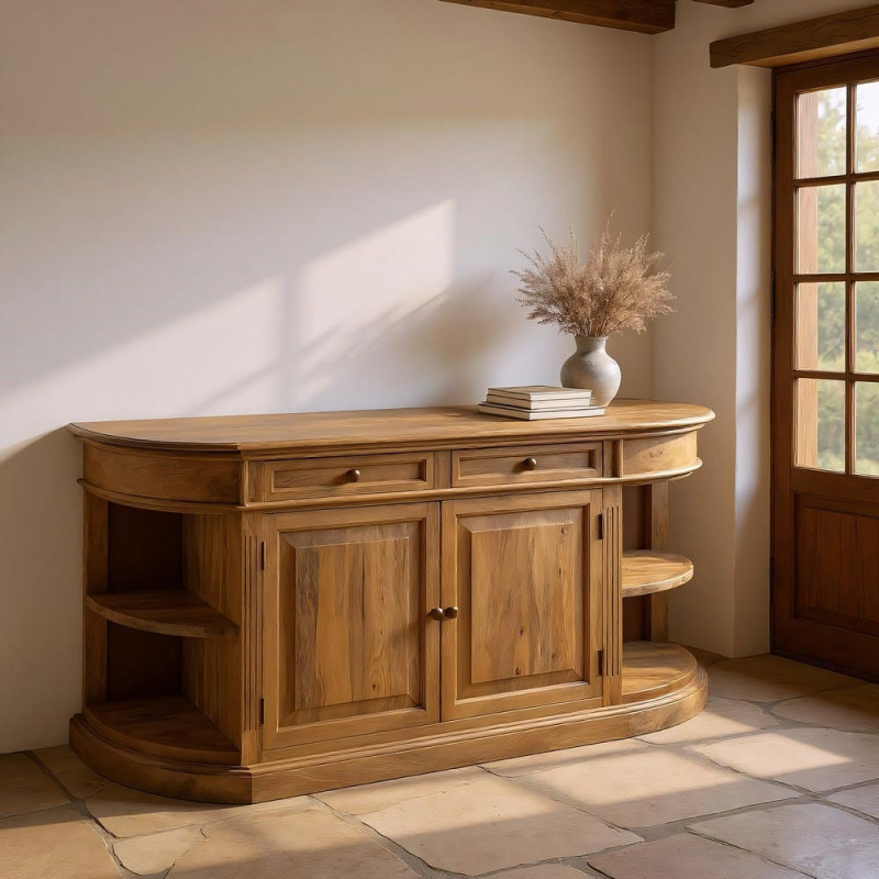 Grand Buffet classique rustique Bas 2 portes 2 tiroirs 4 étagères 189 cm Bois de manguier Naturel Castel 
