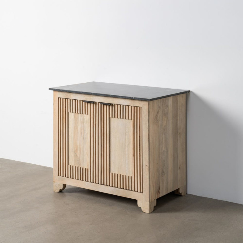 Buffet moderne chic Bas 2 portes 95 cm Marbre Noir Bois de manguier Naturel Liméro 