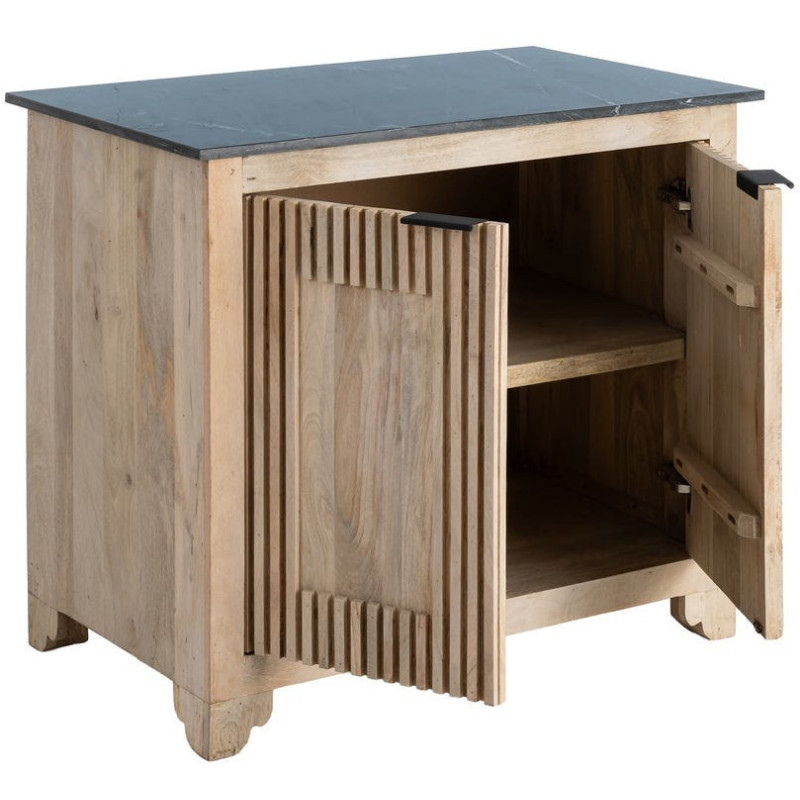 Buffet moderne chic Bas 2 portes 95 cm Marbre Noir Bois de manguier Naturel Liméro 