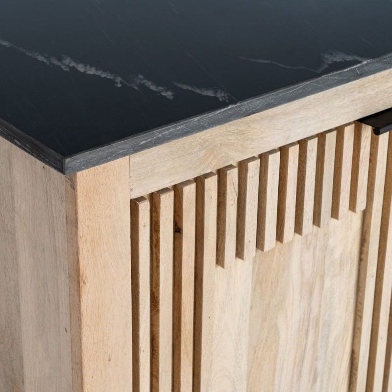 Buffet moderne chic Bas 2 portes 95 cm Marbre Noir Bois de manguier Naturel Liméro 