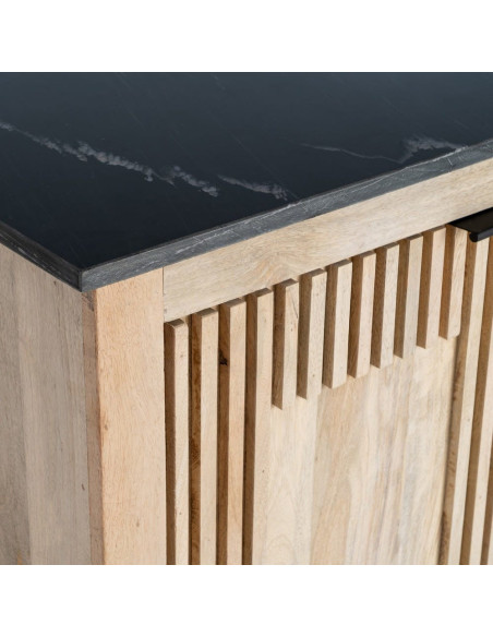 Buffet moderne chic Bas 2 portes 95 cm Marbre Noir Bois de manguier Naturel Liméro 