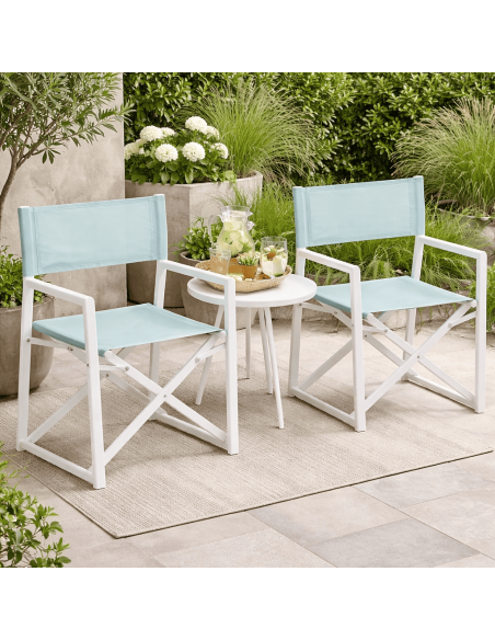 Fauteuil de jardin metteur en scène pliant Alejo aluminium blanc textilène vert d’eau (lot de 2) 56 x 53 x 84 cm
