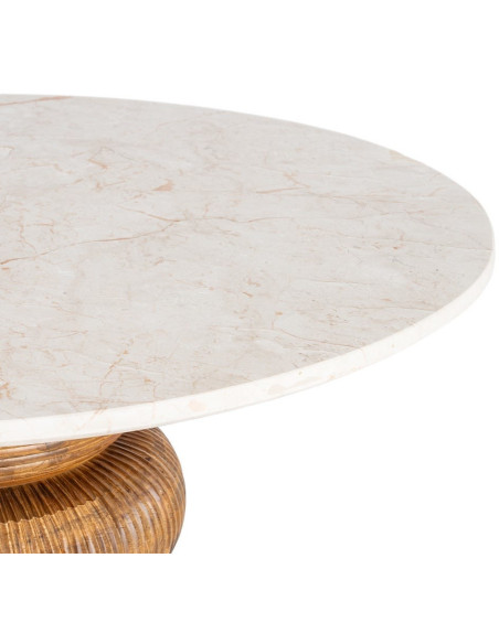 Table à manger ronde 120 cm marbre crème pied bois sculpté Strattia