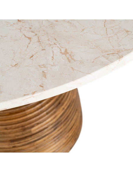 Table à manger ronde 120 cm marbre crème pied bois sculpté Strattia