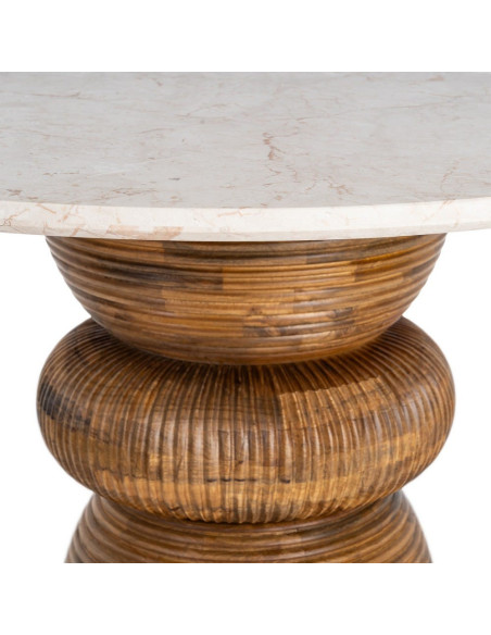 Table à manger ronde 120 cm marbre crème pied bois sculpté Strattia