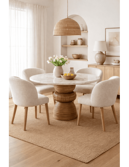 Table à manger ronde 120 cm marbre crème pied bois sculpté Strattia