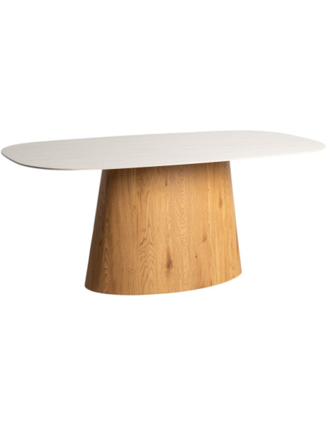 Table à manger ovale 180 cm pierre beige pied bois Orévala