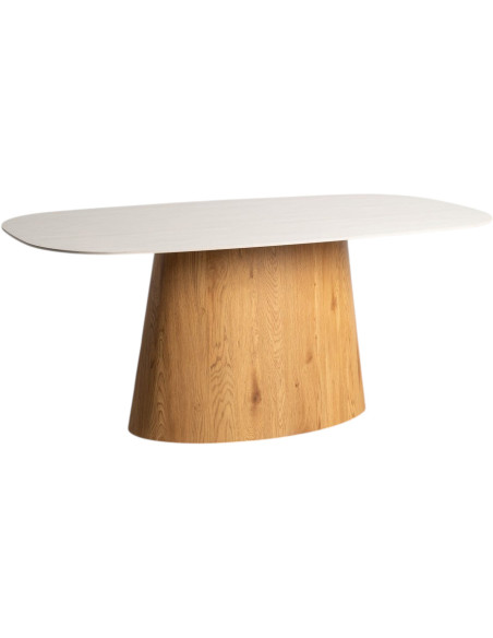 Table à manger ovale 180 cm pierre beige pied bois Orévala
