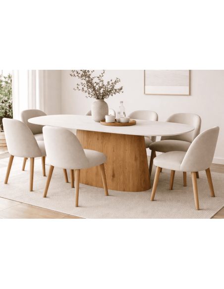 Table à manger ovale 180 cm pierre beige pied bois Orévala