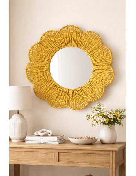 Miroir mural Rivana fleur 50 cm raphia tressé jaune