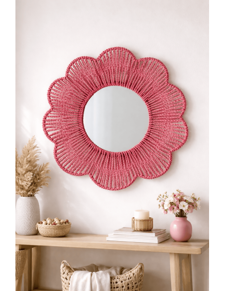 Miroir mural Rivana fleur 50 cm raphia tressé rose foncé
