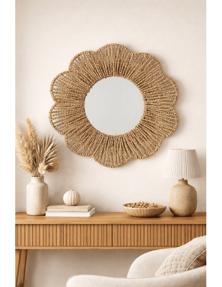 Miroir mural bord de mer Fleur 50x50 Jonc de mer Naturel Tressé Rivana