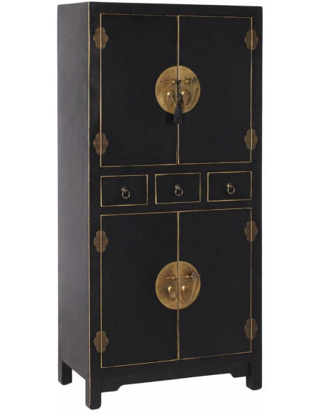 Buffet haut asiatique 4 portes 3 tiroirs 131 cm bois noir laiton Oriente