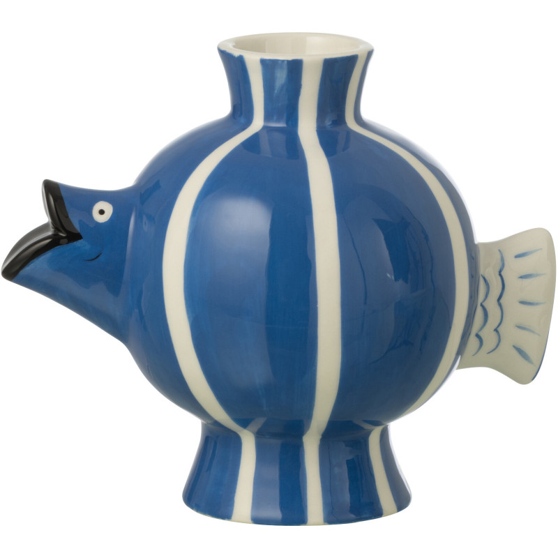 Vase poisson boule rayé Marinella en dolomite bleu et blanc 21,6 x 13,4 x 17 cm 