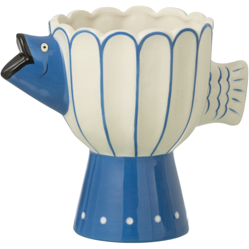 Vase poisson pois Marinella en dolomite bleu et blanc 21,4 x 13,5 x 18 cm 