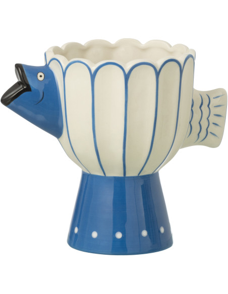 Vase poisson pois Marinella en dolomite bleu et blanc 21,4 x 13,5 x 18 cm 