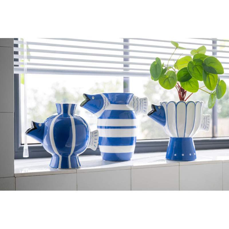 Vase poisson pois Marinella en dolomite bleu et blanc 21,4 x 13,5 x 18 cm 
