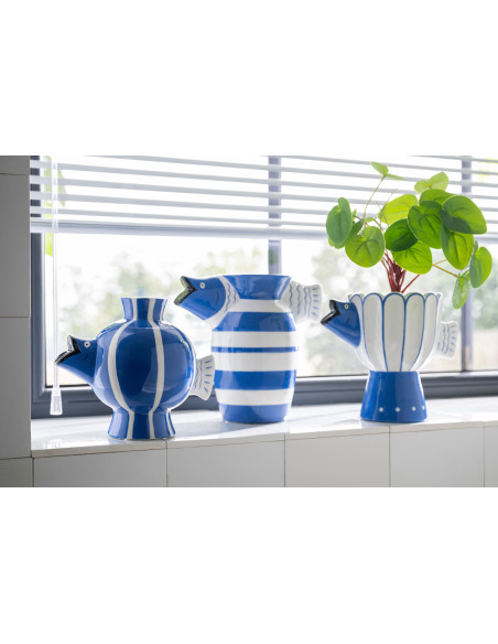 Vase poisson pois Marinella en dolomite bleu et blanc 21,4 x 13,5 x 18 cm 