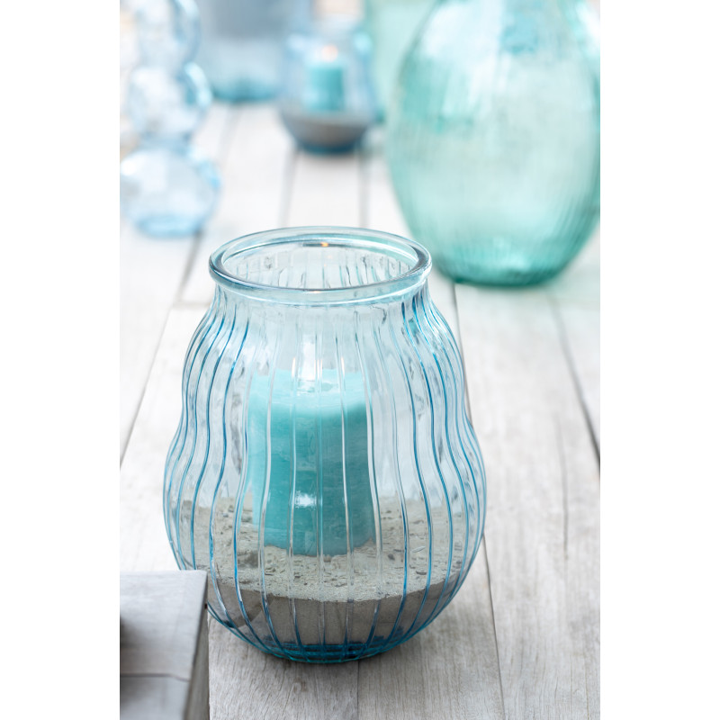Photophore Velora en verre bleu clair strié Ø29 cm x H35,5 cm 