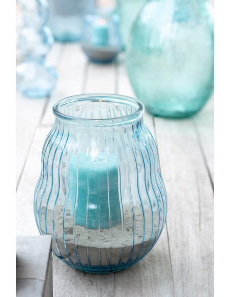 Photophore Velora en verre bleu clair strié Ø29 cm x H35,5 cm 
