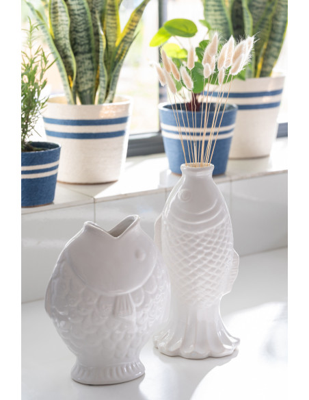 Vase soliflore poisson Nemoa en grès blanc 13,5 x 11,8 x 28 cm 