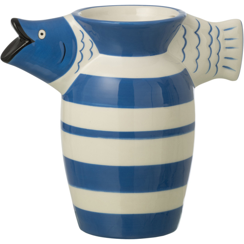 Vase poisson rayé Marinella en dolomite bleu et blanc 23 x 12,5 x 20,7 cm 
