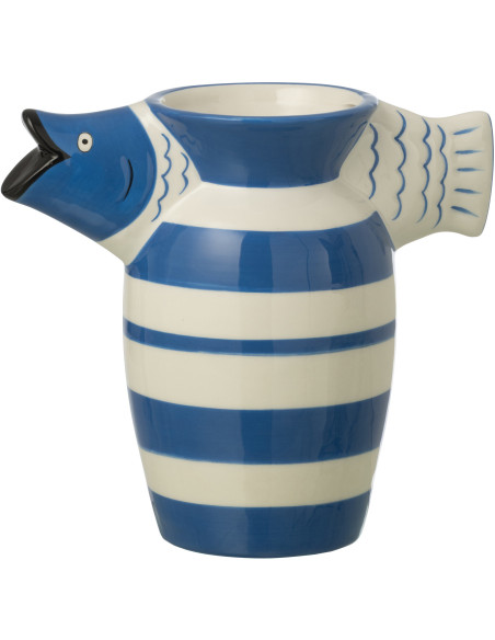 Vase poisson rayé Marinella en dolomite bleu et blanc 23 x 12,5 x 20,7 cm 