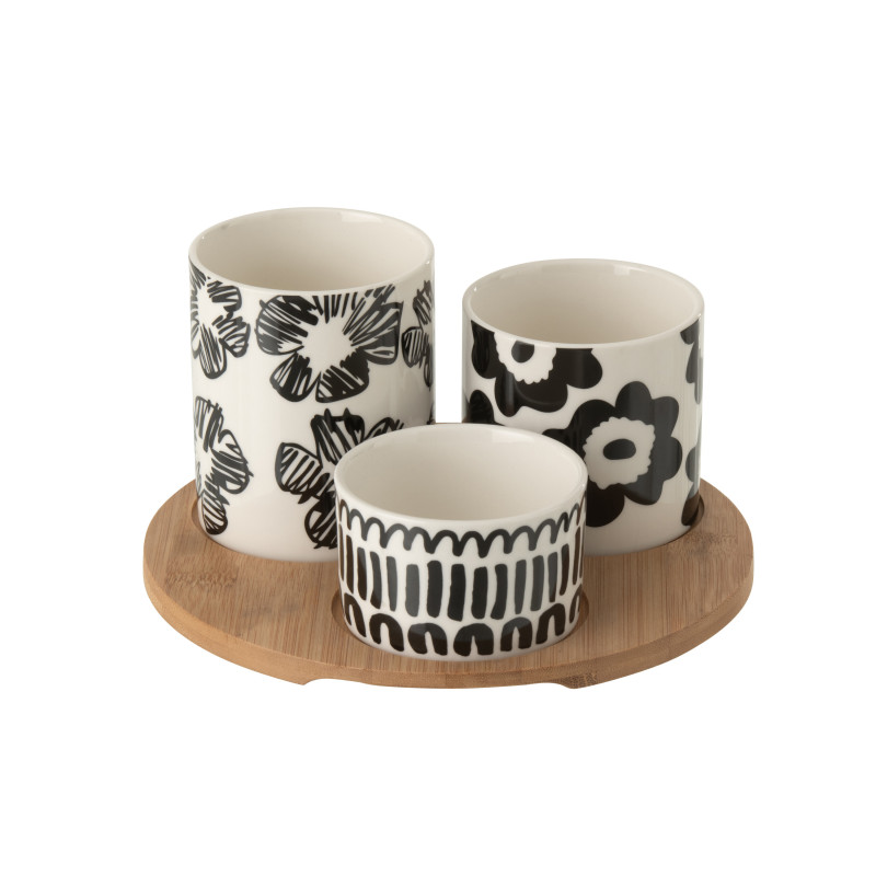 Set apéro Nara avec plateau en bois et bols en céramique blanc et noir 
