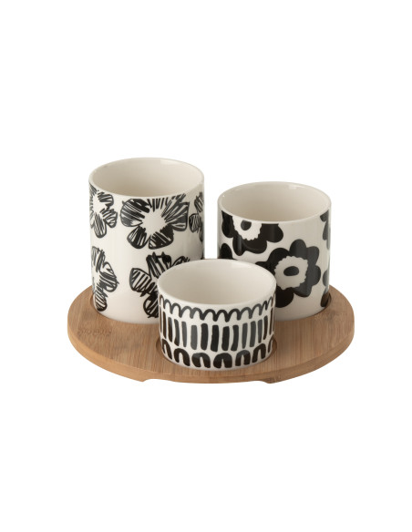 Set apéro Nara avec plateau en bois et bols en céramique blanc et noir 