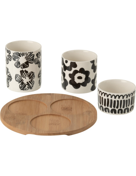 Set apéro Nara avec plateau en bois et bols en céramique blanc et noir 