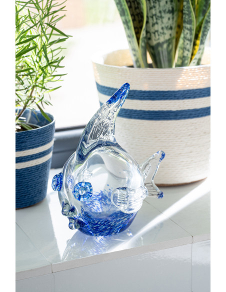 Presse-papier poisson Azzuro en verre bleu et transparent 14 cm 