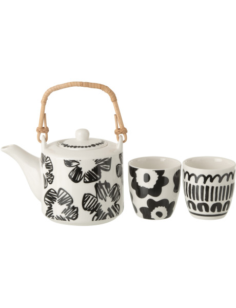 Set théière et tasses Nara en céramique blanc et noir avec anse en bambou 