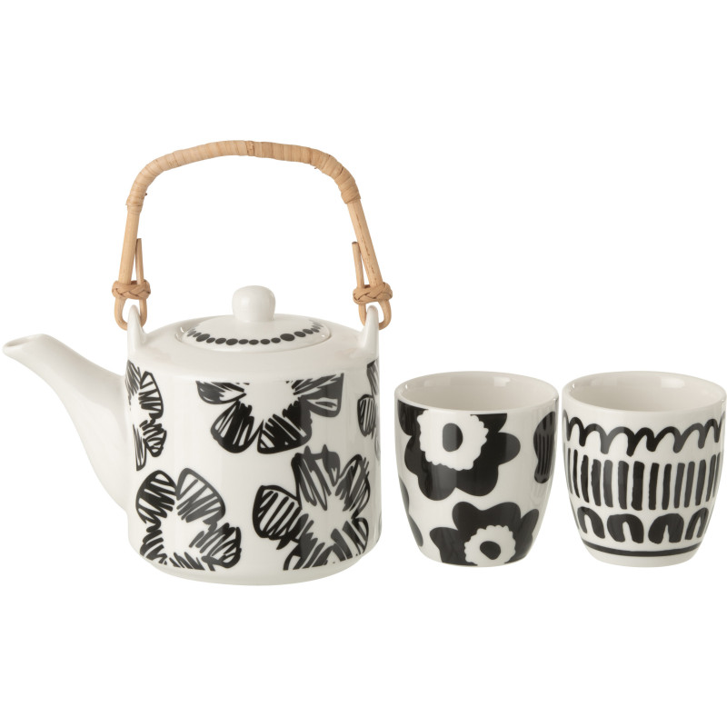 Set théière et tasses Nara en céramique blanc et noir avec anse en bambou 