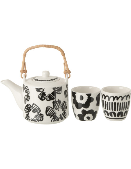 Set théière et tasses Nara en céramique blanc et noir avec anse en bambou 