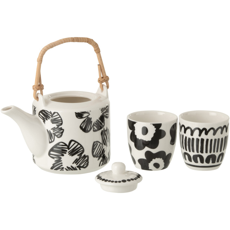 Set théière et tasses Nara en céramique blanc et noir avec anse en bambou 