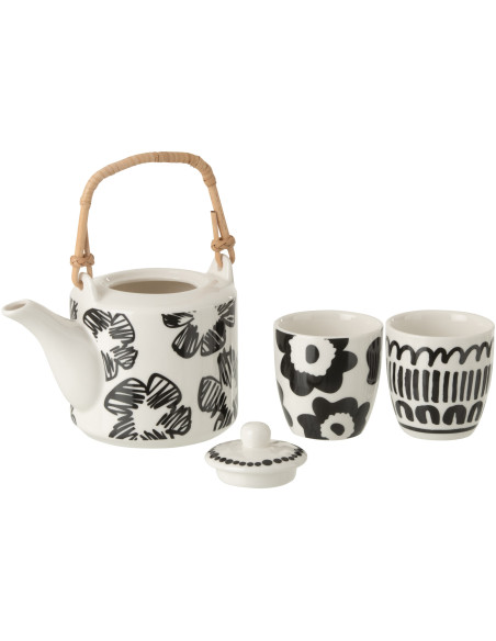 Set théière et tasses Nara en céramique blanc et noir avec anse en bambou 