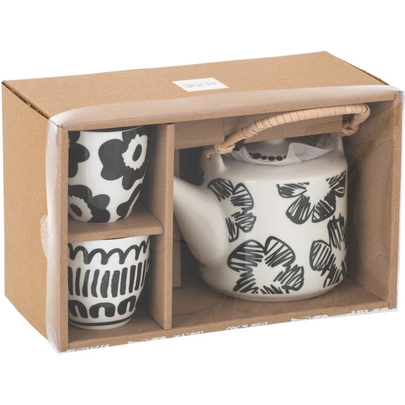 Set théière et tasses Nara en céramique blanc et noir avec anse en bambou 