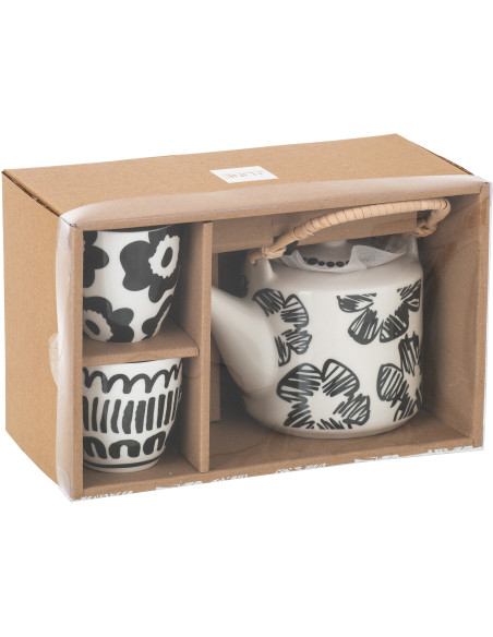 Set théière et tasses Nara en céramique blanc et noir avec anse en bambou 