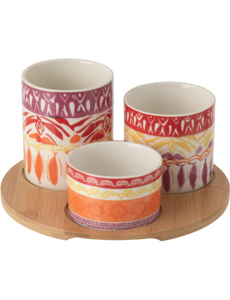 Set apéro Solea avec plateau en bois et 3 bols en céramique violet et rouge 