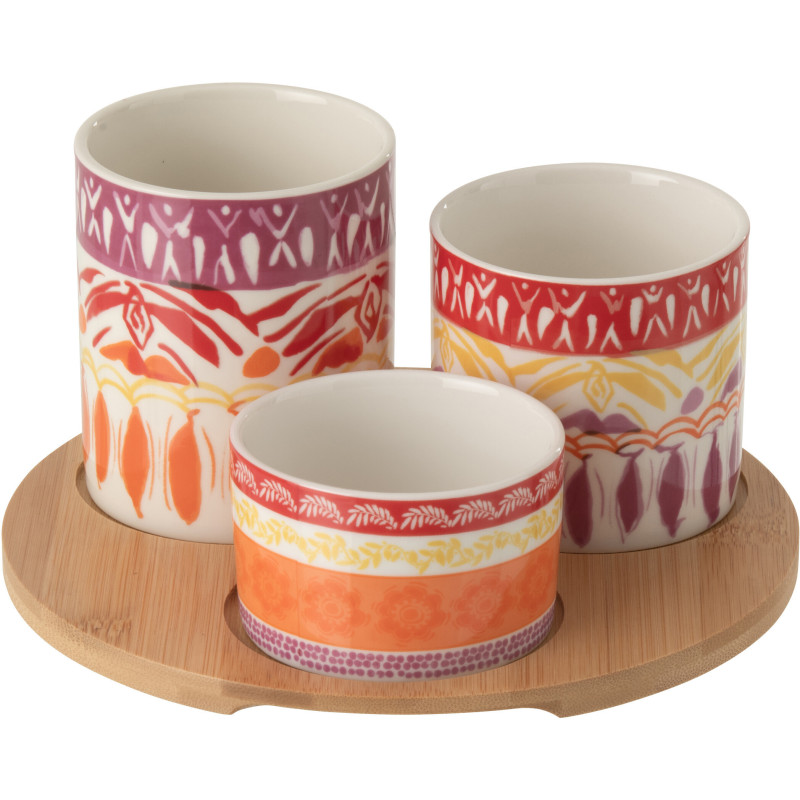 Set apéro Solea avec plateau en bois et 3 bols en céramique violet et rouge 