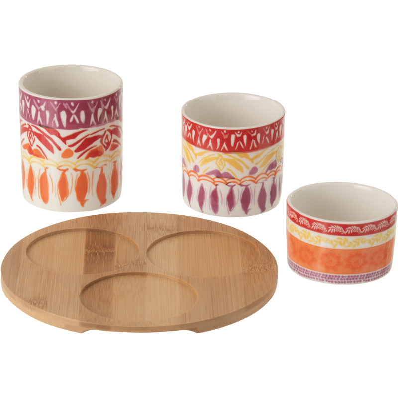 Set apéro Solea avec plateau en bois et 3 bols en céramique violet et rouge 