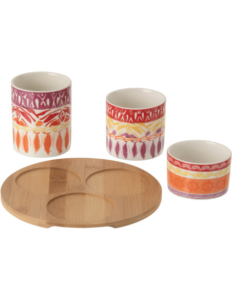 Set apéro Solea avec plateau en bois et 3 bols en céramique violet et rouge 