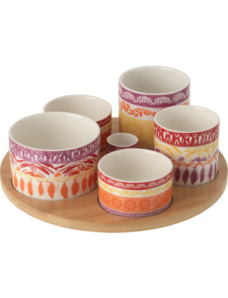 Set apéro Solea grand format avec plateau en bois et bols en céramique violet et rouge 