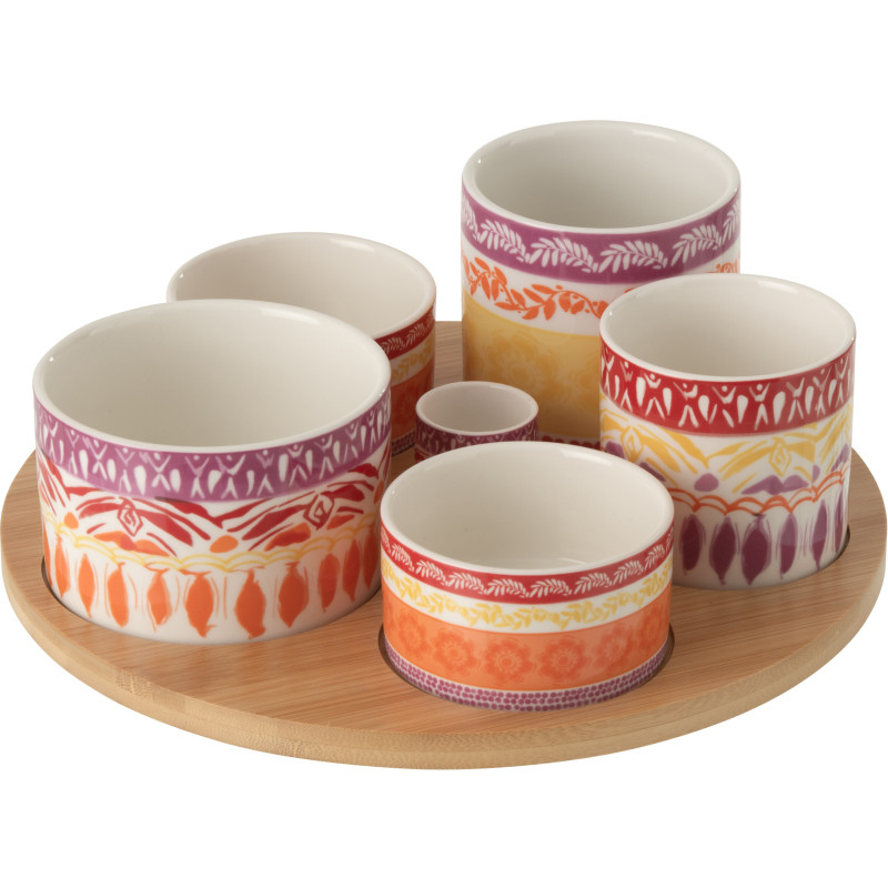 Set apéro Solea grand format avec plateau en bois et bols en céramique violet et rouge 