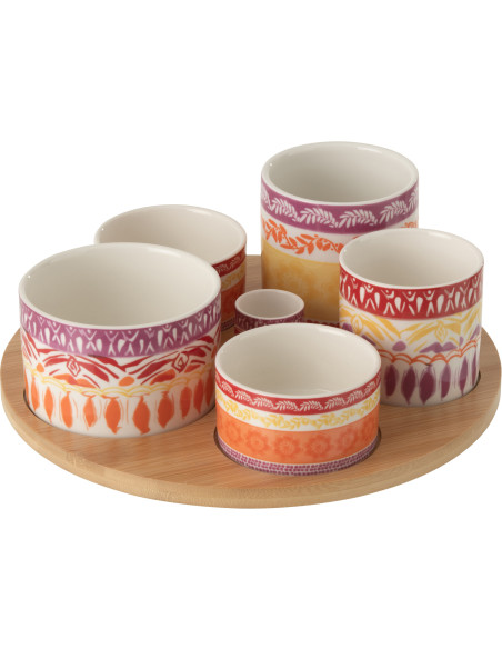 Set apéro Solea grand format avec plateau en bois et bols en céramique violet et rouge 