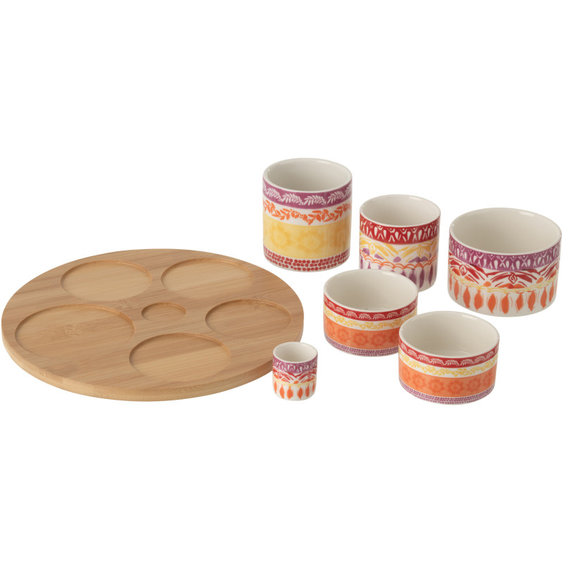 Set apéro Solea grand format avec plateau en bois et bols en céramique violet et rouge 