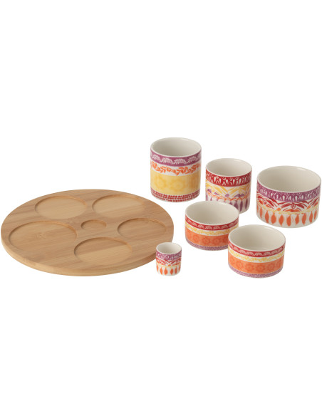 Set apéro Solea grand format avec plateau en bois et bols en céramique violet et rouge 