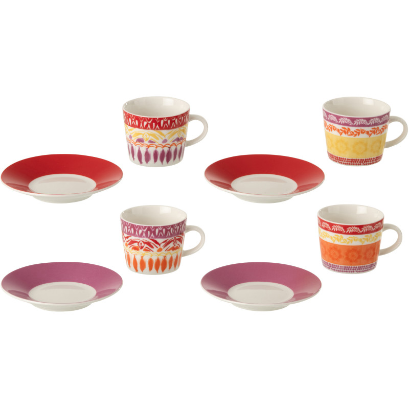 Lot de 4 tasses et sous-tasses Solea en céramique violet et rouge 90 ml 